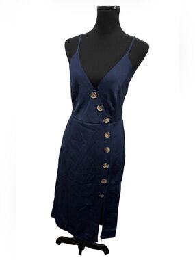 Navy Button-Front Spaghetti Strap Dress